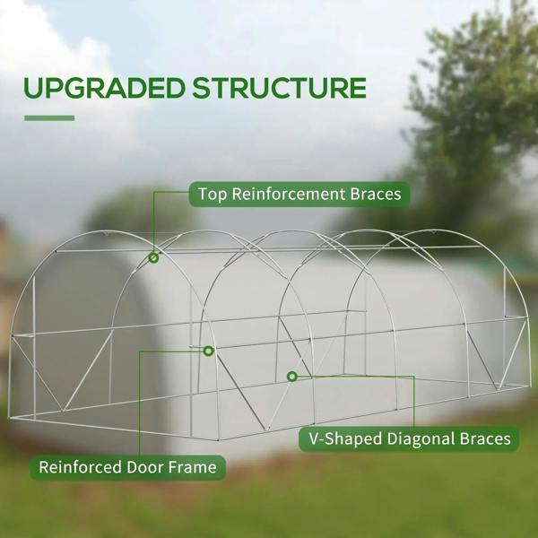 White polytunnel greenhouse frame with reinforced door frame and diagonal braces