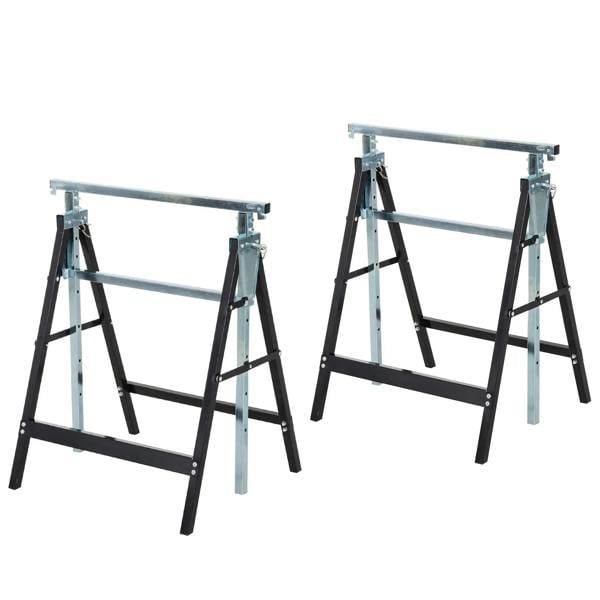 Set of 2 adjustable steel trestle sawhorses with black legs and light gray frames