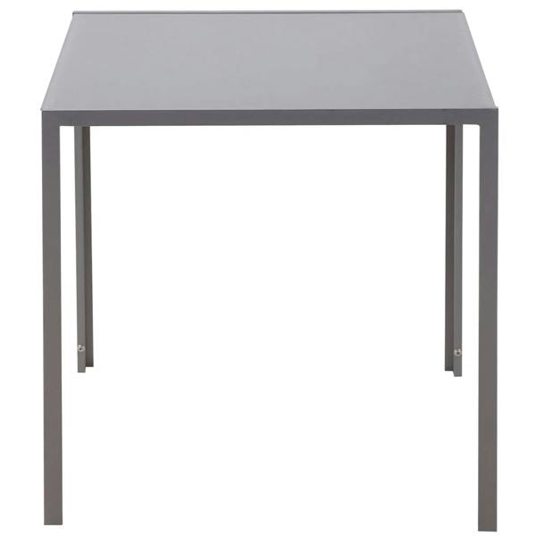 Grey square dining table with glass top and straight metal legs