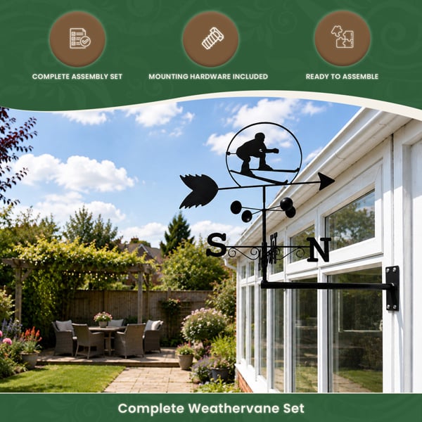 Skier Weathervane, All-Steel Black Painted Weather Vane With Wall Fixings and Ground Spike, Quick Self-Assembly