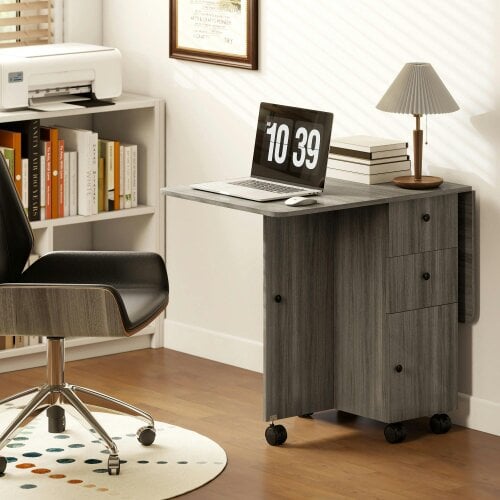 Wyld Haus Todiralo Wooden Grey Drop Leaf Dining Table With Built In Storage For 6