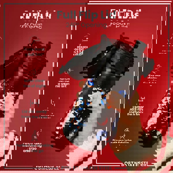 A black water bottle with a space theme design is being held. Its full flip lid offers a 240° opening. The bottle is shown against a red background.