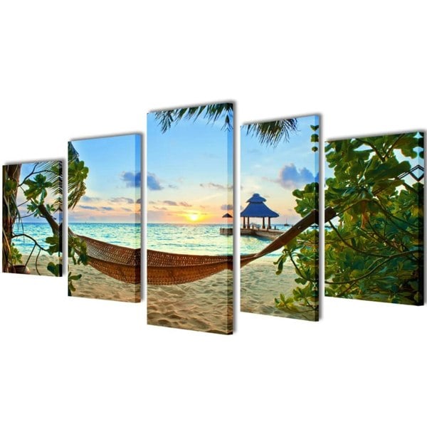 Berkfield Canvas Wall Print Set Sand Beach with Hammock 200 x 100 cm