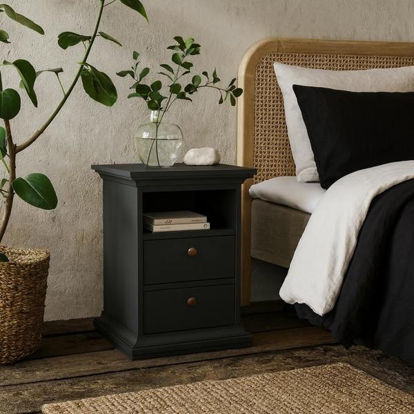 Wyld Haus Osaka Farmhouse Dark Grey Wooden Bedside Table 2 Drawers