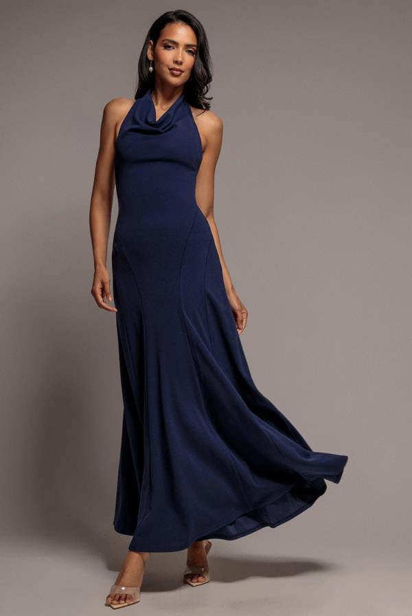Halterneck Cowl Neck Backless Scuba Crepe Maxi Dress - Navy Blue DR5148