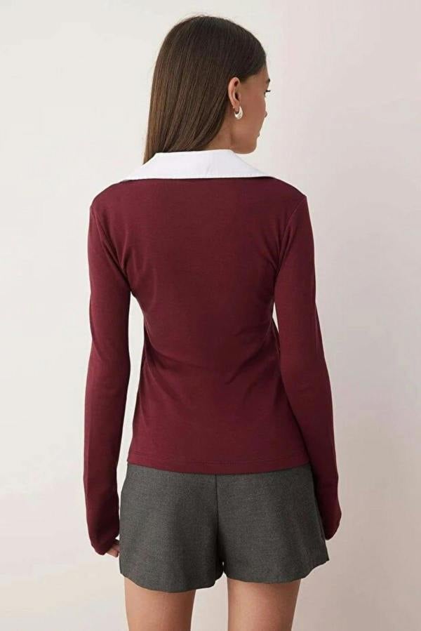 WOVCOR Woven Shirt Collar Knit Blouse