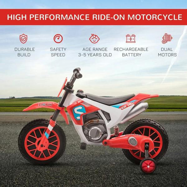 Red and white kids electric motorcycle ride-on, side view with suspension and training wheels