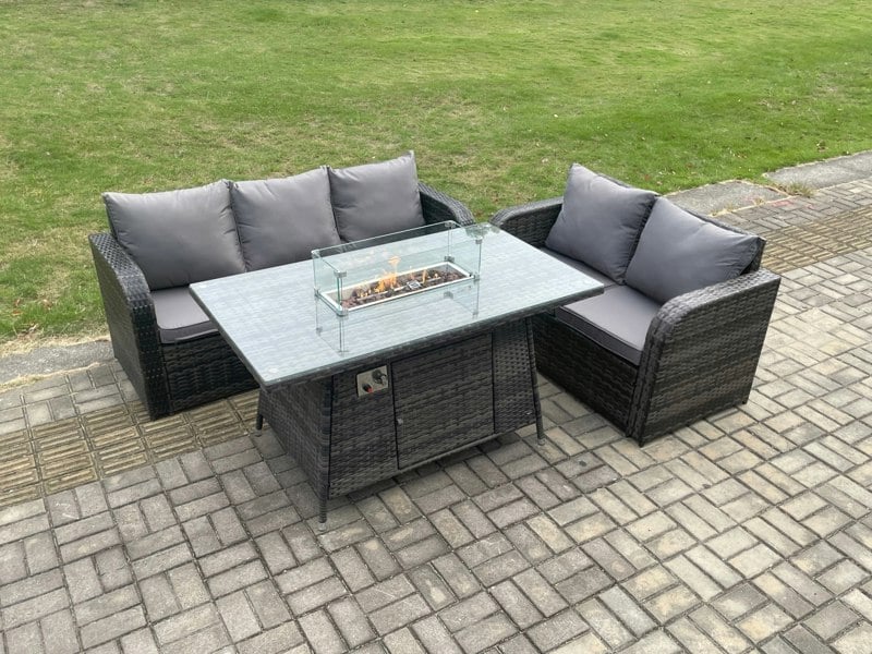 Fimous Rattan Garden Furniture Set with Gas Fire Pit Table 3 Pieces Outdoor Lounge Sofa Set Dark Grey Mixed