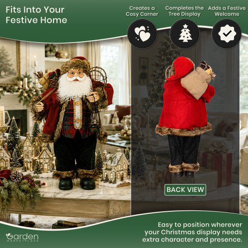 60cm Rustic Father Christmas Figure with Sack of Presents, Snow Shoes and Lantern, Free-Standing Indoor Santa Decoration with Fabric Clothing