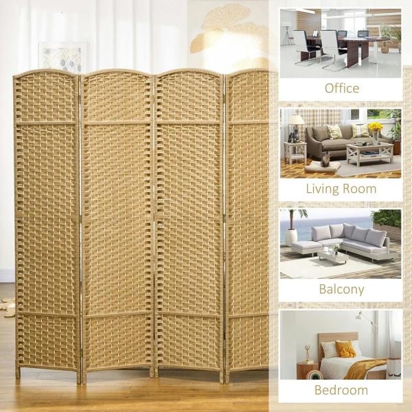 Woven 6-panel room divider privacy screen with natural frame, freestanding