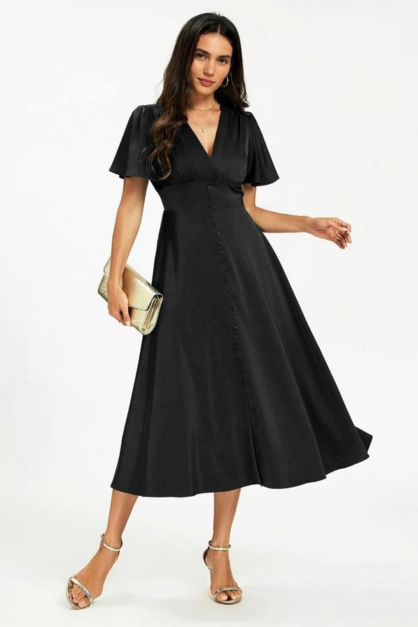 FS Collection Satin V neckline Button Detail Dress In Black