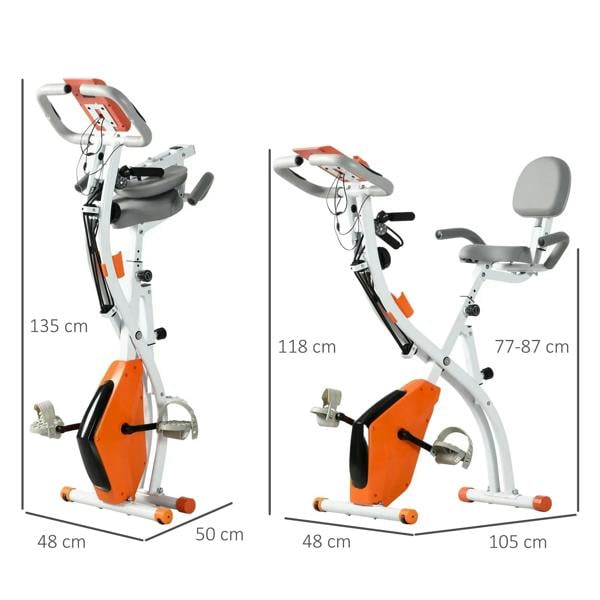 Orange folding exercise bike with adjustable seat and handlebars, shown with size layout