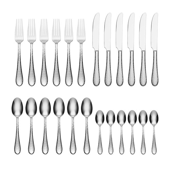 24 piece cutlery set in 18/10 stainless steel on a white background. Handles are dimpled.