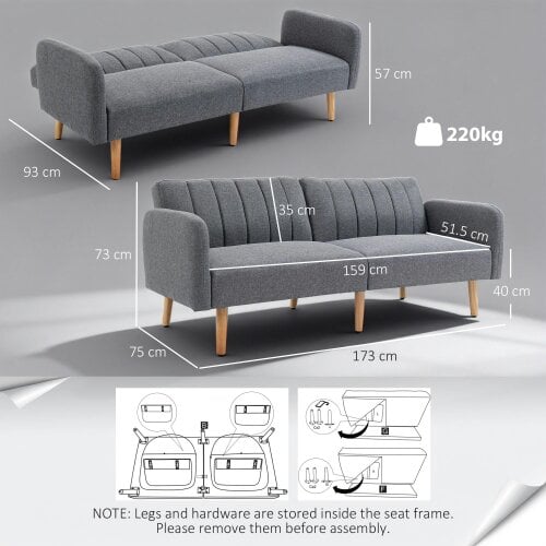 Wyld Haus Nile Linen Grey 3 Seater Click Clack Sofa Bed With Adjustable Split Backrest
