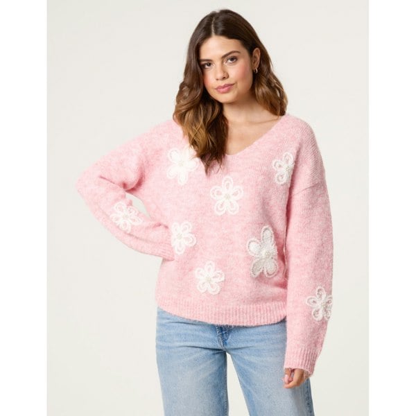 Blue Vanilla V Neck Flower And Pearl Jumper - Pink