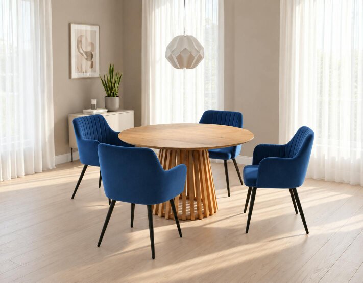 Outdoor Living Kayci Round Oak Dining Table with 4 Charlotte Velvet Chairs - blue-1