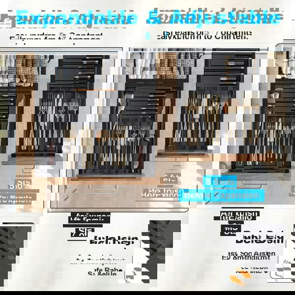 MANTRARAJ Bamboo Cutlery Drawer Organiser With Knife Block Expandable Cutlery Tray for Kitchen Drawers 5-7Compartments