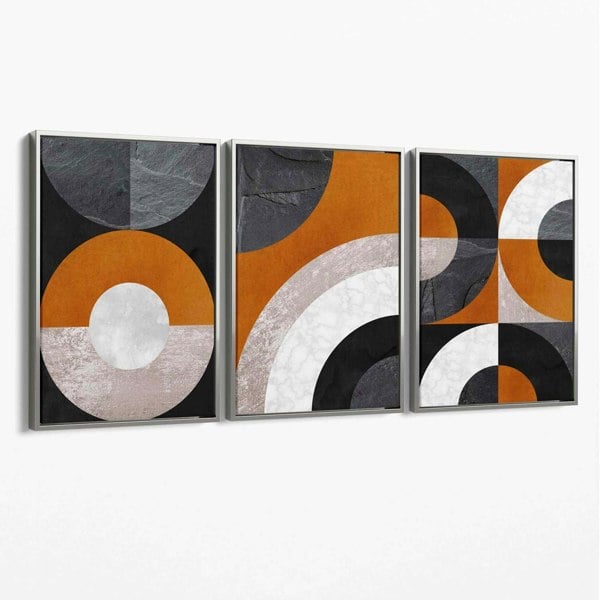 Set of 3 Black and Orange Abstract Circles Canvas Art Prints with Silver Float Frame