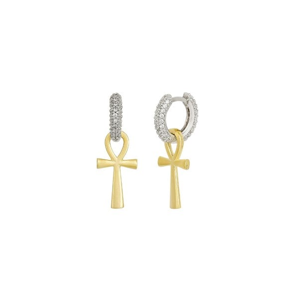 Spero London Sterling Silver Egyptian Ankh Zirconia Hoop Earrings