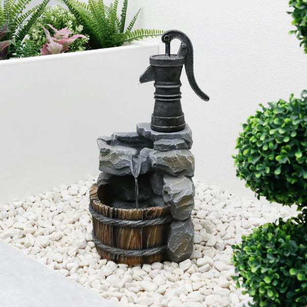 Gardenwize Solar Powered Hand Pump Water Feature – Garden Fountain with Rustic Charm for Patios, Gardens & Outdoor Spaces