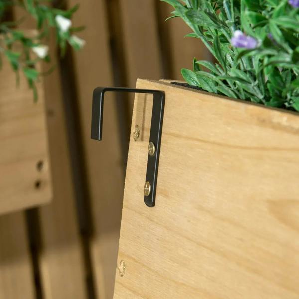 Wall-mounted wooden planter with side support bracket and attached metal hardware