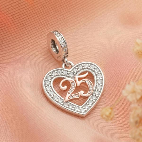 Parus Home 25th Birthday Charm Pandora Compatible 925 Sterling Silver Heart Dangle, Daughter Bracelet Gift