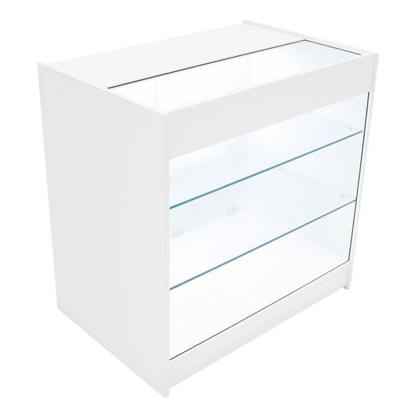 Demeter LED Shop Counter Set in white, featuring a sleek design with glass shelves and a top display area, ideal for retail use