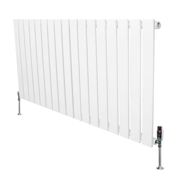 Flat single column radiator in white, 600mm x 1190mm, featuring sleek vertical slats and modern valves for efficient heating