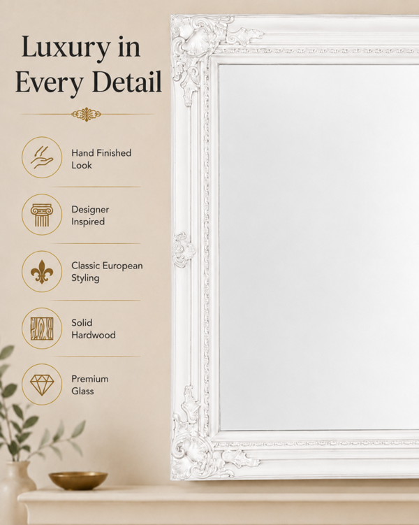 Downton Interiors Antique Style Extra Large White Wood Frame Wall Mirror 106cm x 75cm