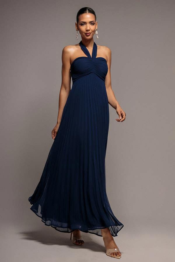 Sleeveless Pleated Chiffon Multiway Scarf Maxi Dress - Navy Blue DR4829