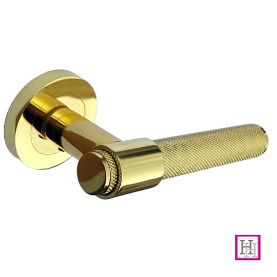 EDH Door Hardware Knurled Door Handles Polished Brass Loop & Neck On Round Rose Lach Handle