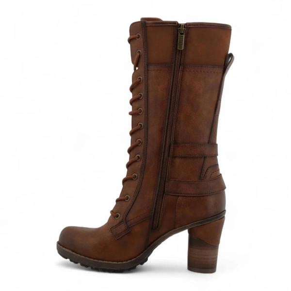 Mustang Women's Brown Mid-Calf Lace Up Heeled Combat Boots