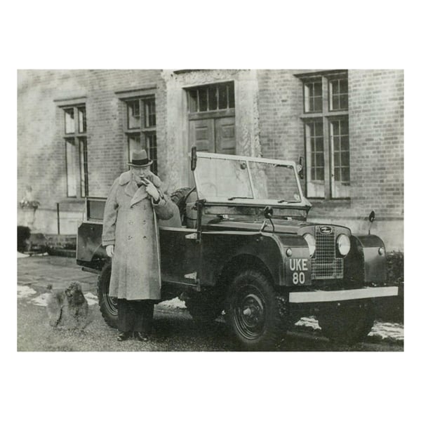 Churchill with Series 1 Land Rover Canvas Print (c.1954), Black and White Wall Art on Wooden Frame, Indoor Use Only
