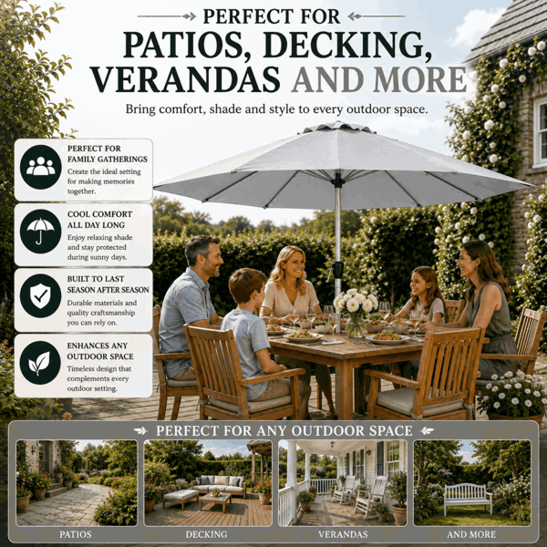 GlamHaus Tilting Garden Parasol Table Umbrella 2.7M with Crank Handle, UV40 Protection, Free Protection Cover - Light Grey