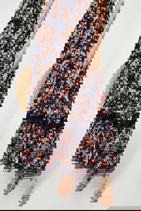 Navy | Lace Trim Tiered Cap Sleeve Maxi Dress