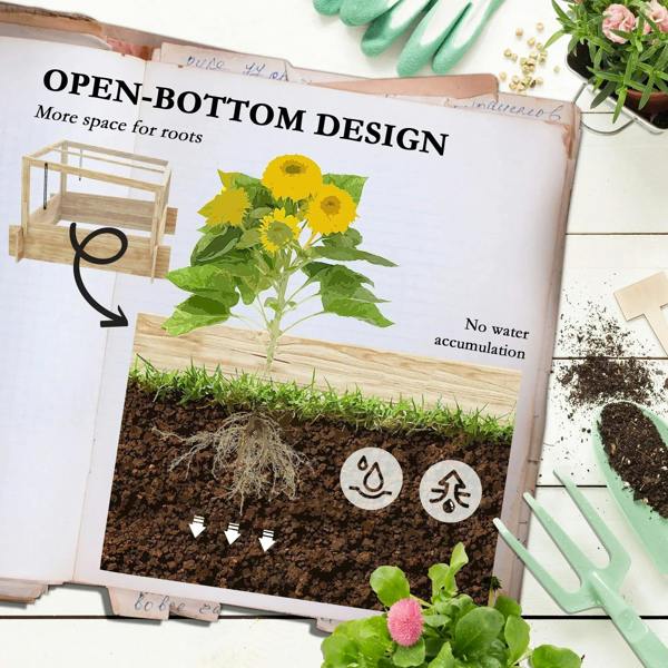 Wood greenhouse planter box with open-bottom design and soil-filled base