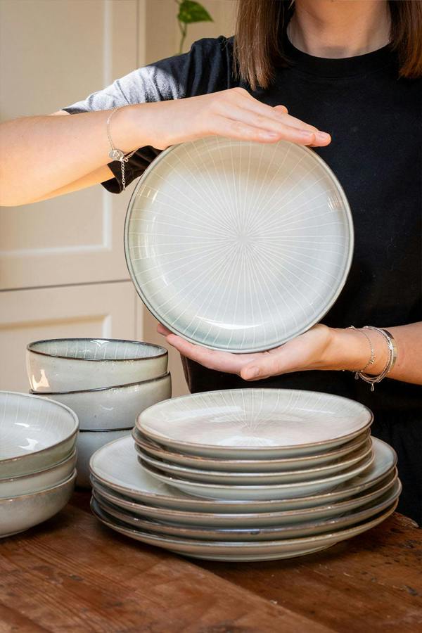 Scandi Home Fika 12-Piece Ceramic Tableware Set, Oatmeal Reactive Glaze