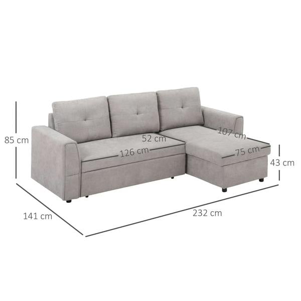Light grey sectional sofa bed with pull-out chaise; size measurements shown