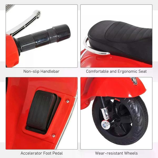 Red 6V ride-on motorcycle features: non-slip grips, ergonomic seat, foot pedal, sturdy wheels