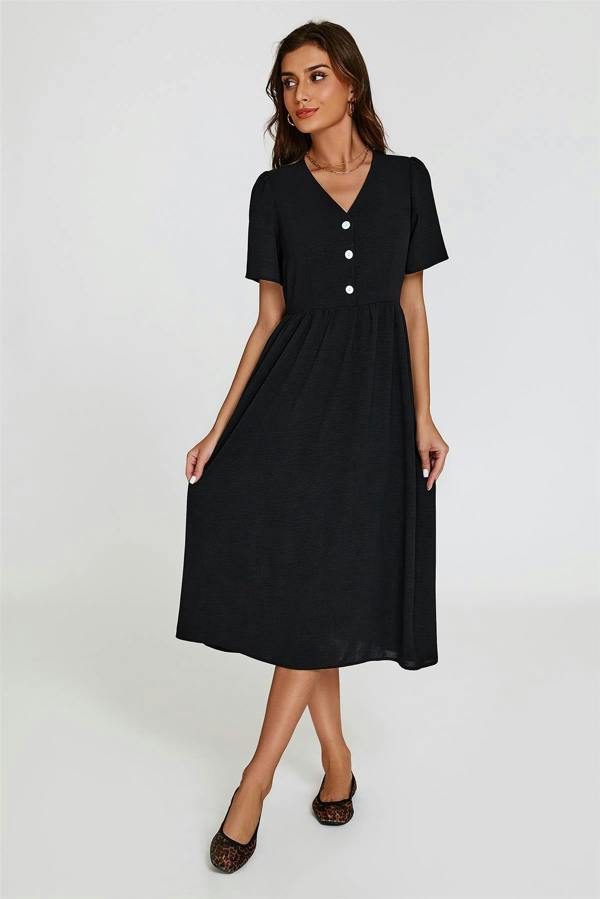FS Collection Button Front Midi Dress In Black