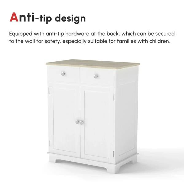 White side storage cupboard with light wood top, drawer, and two front doors