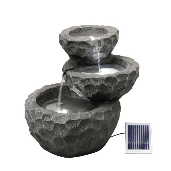 Gardenwize Solar Powered Three-Tiered Rock Water Feature with Battery Backup