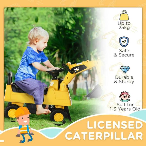 Yellow CAT ride-on digger toy with black seat and front shovel, shown on product box