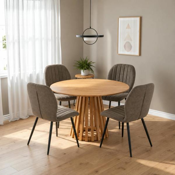 Outdoor Living Kayci Round Oak Dining Table with 4 Jaydn Chairs