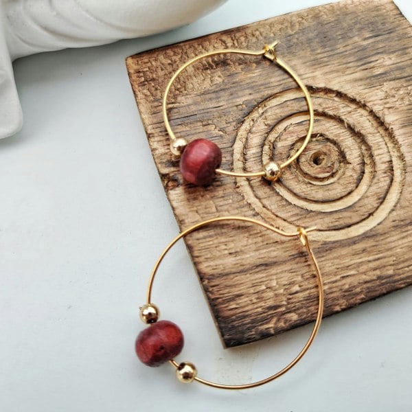 The Colourful Aura Red Sandalwood Beaded Minimalist Dangle Asian Ethnic Boho Hoop Earrings