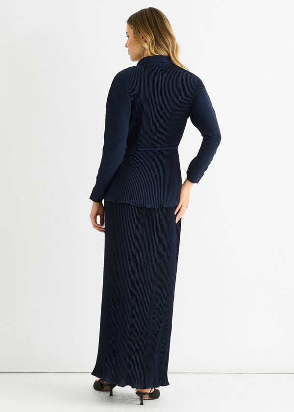 Gini London Navy Plisse Elasticated Waist Maxi Skirt