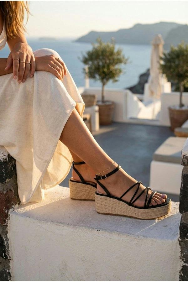 Olivia Womens Strappy Espadrille Platform Sandals - BLACK