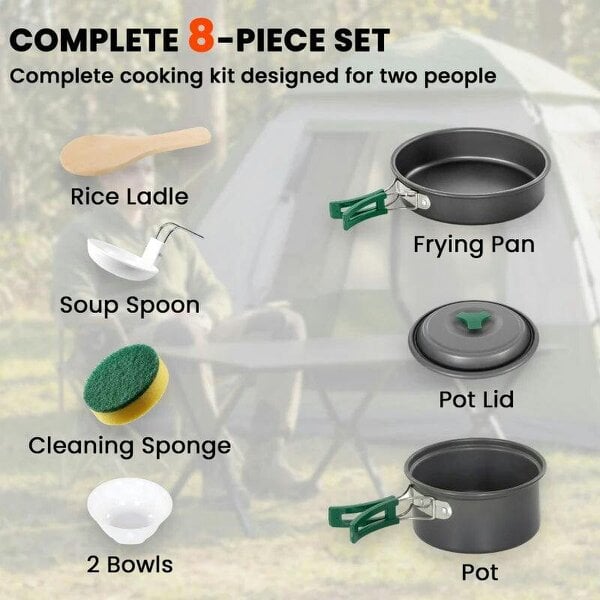 Camping Cookware Set, 8-Piece Ultralight Camping Cooking Kit with Anti-Scald Handles, Grey