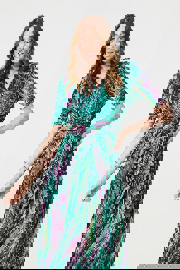 Green | Feather Print 1/2 Sleeve Wrap Midi Dress