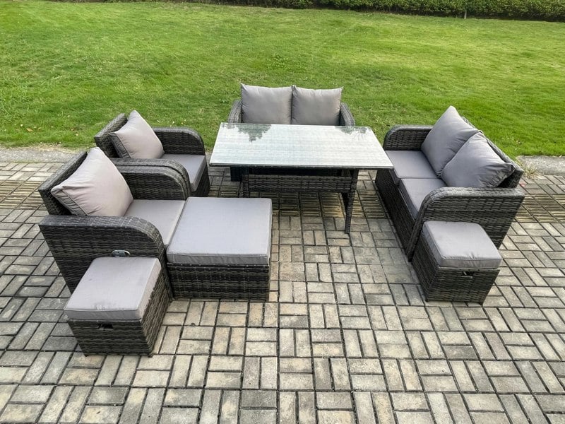 Fimous Outdoor Rattan Garden Furniture 8 piece Grey Patio Furniture Set 9 Seater Lounge Sofa Set with Rectangular Table Reclining Chairs 3 Stools